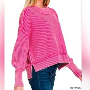 Hot Pink Side Slit Oversized Cropped Sweater
